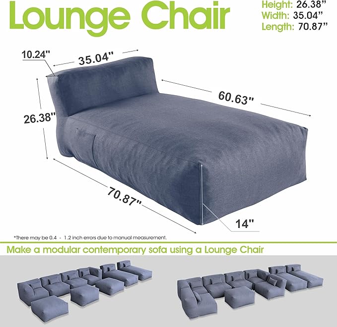 Outdoor Bean Bed Chair Sun Lounger, Outdoor Couch Sofa for Patio & Pool, Foam Filling Day Bed Furniture, Comfy Lazy Sofa for Outside, Water-Resistant Seating (Denim Blue, 70'' L)