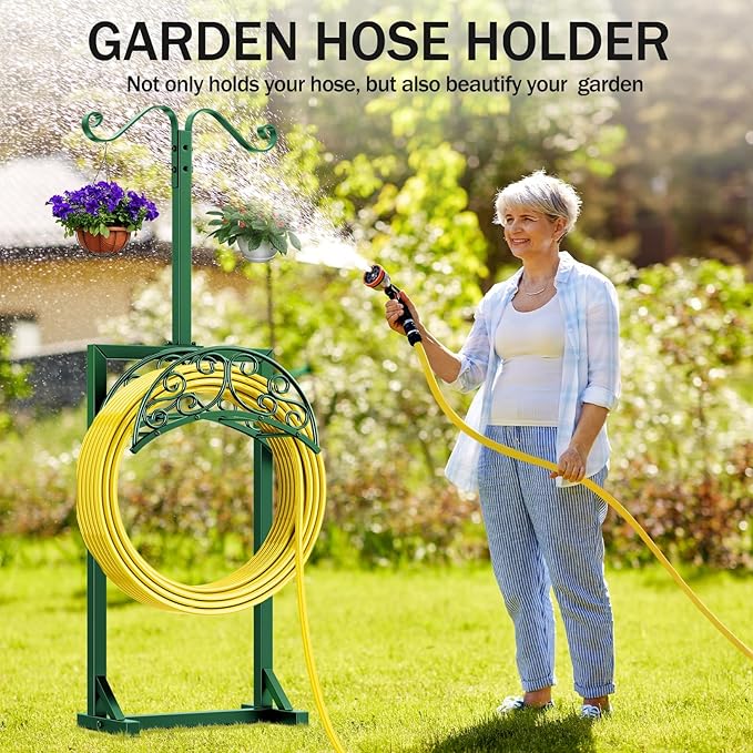 Garden Hose Holder - Upgraded Water Hose Holders for Outside with 5 Spikes & 2 Shepherds Hooks, Freestanding Hose Stand Hose Hanger Hose Storage Hose Reel Rack for Yard Lawn(Green)