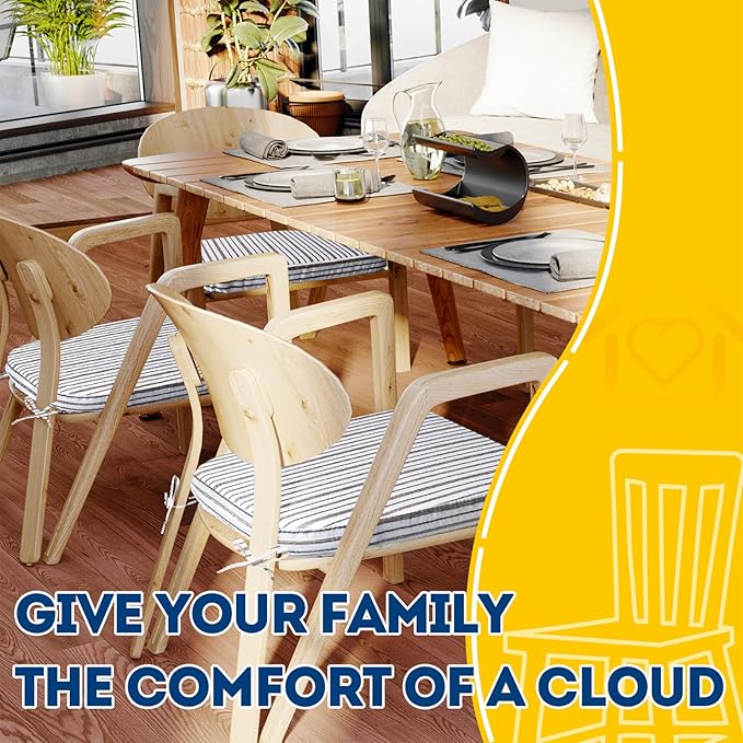 AAAAAcessories D-Shaped Chair Cushions, 2" Thick Dining Chair Pads with Ties and Removable, Machine-Washable Cover, 17" x 16", Set of 8, Pinstripe Brown