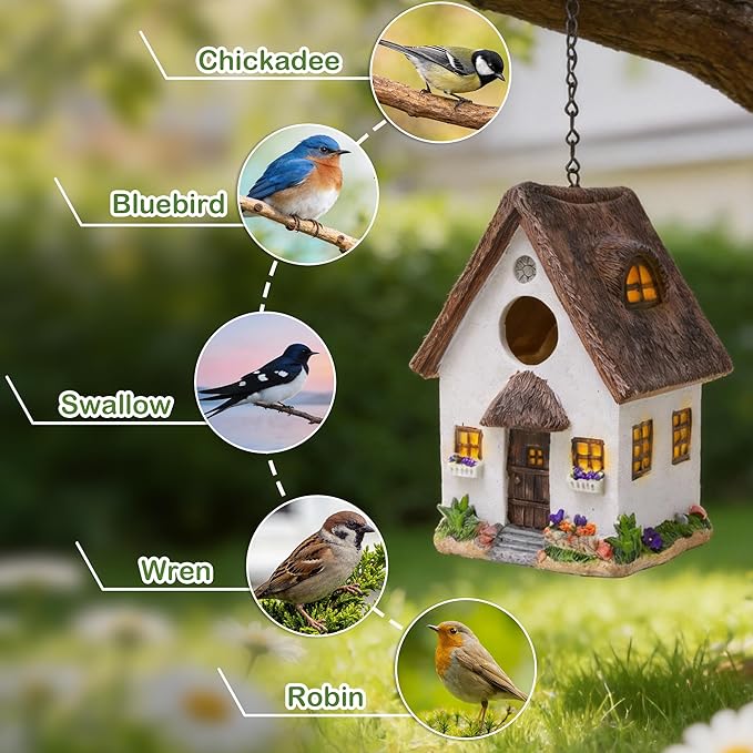 Attivolife Outdoor Birdhouses, Wood Waterproof Hanging Chain Nesting Boxes, Outside Bird House Garden Patio Yard Decor for Bluebird Finches Cardinals Resin, Creative Gifts for Bird Lover Family Friend