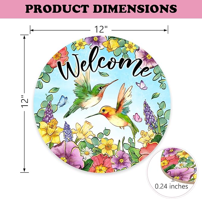 Welcome Spring Summer Hummingbird Front Door Sign, Daffodil Morning Glory Flower Wood Door Hanger Outdoor Outside Porch Decor, Hyacinth Floral Wooden Wreath Indoor Wall Hanging Decoration