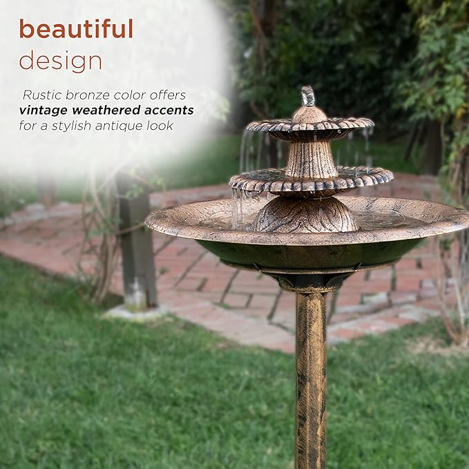 Alpine Corporation TEC106-BZ 35” Tall 3-Tier Pedestal Water Fountain with Birdbath in Vintage – Outdoor Garden Fountain for Yard, Patio, Deck Decoration, Bronze