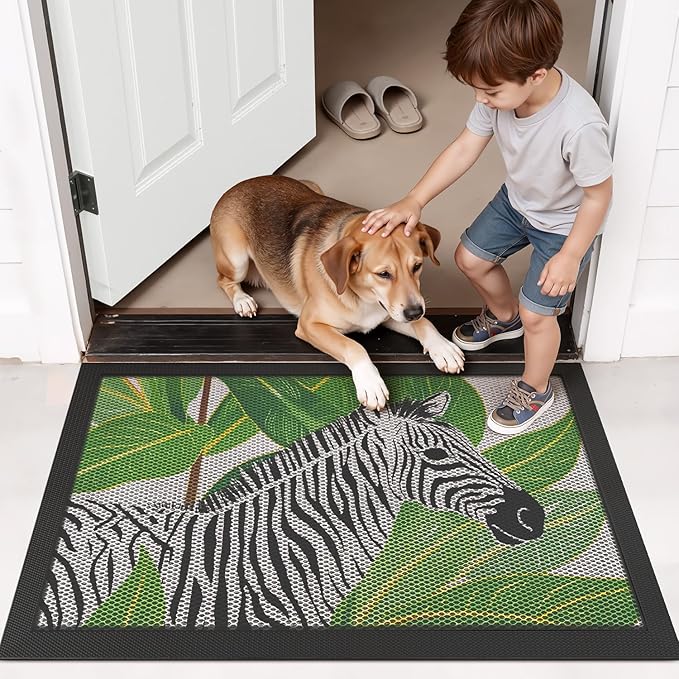 LUMI Outside Door Mat 24x36, Non Slip Rubber Backing Doormat, Low Profile Easy Clean Entrance Mats for Front Back Door Entryway Porch Garage, Zebra