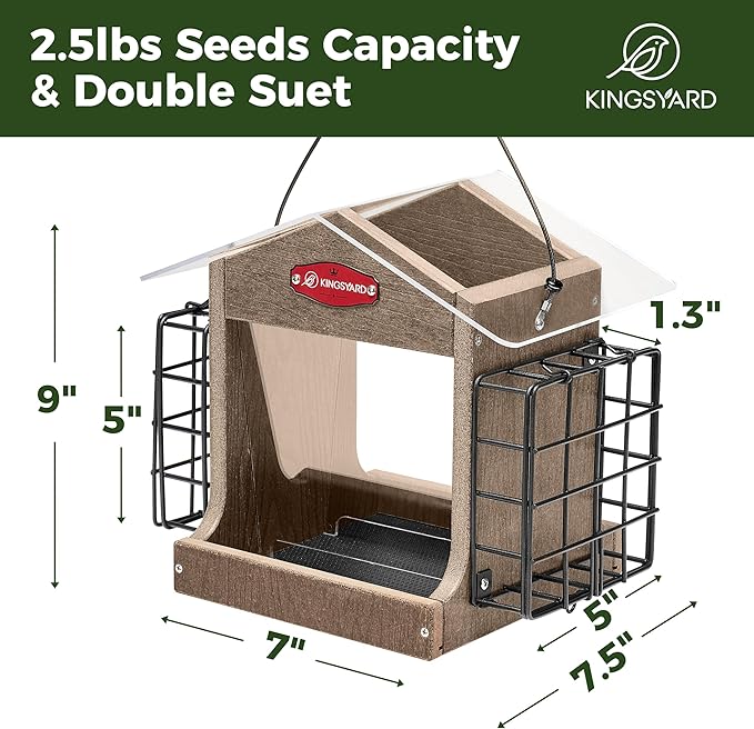 Kingsyard Hopper Bird Feeder for Outdoor Hanging - Recycled Plastic Double Suet Cages Wild Bird Feeder with Metal Mesh Tray and Rainproof Roof, 2.5 LBS Large Capacity. Brown