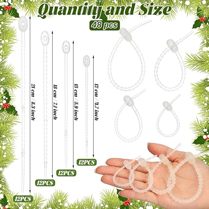 48 Pcs Clear Christmas Flexible Garland Ties Assorted Size Adjustable Decorative Soft Ties Reusable Banister Garland Straps for Christmas Tree Mantel Fences Holiday Craft Wrapping