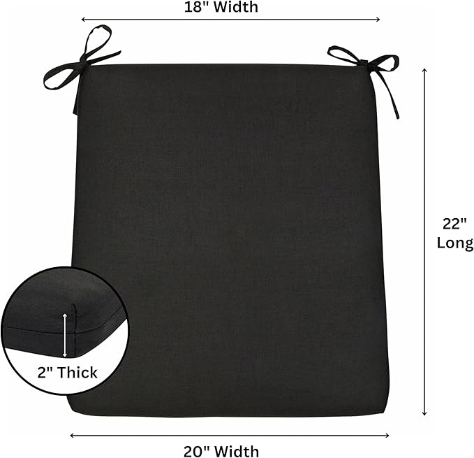 Shine Company Weather-Resistant Outdoor Rocking Chair Seat Cushions, 22"x20", Performance Fabric with Foam Core, Removable Cover with Ties, Set of 2, Black