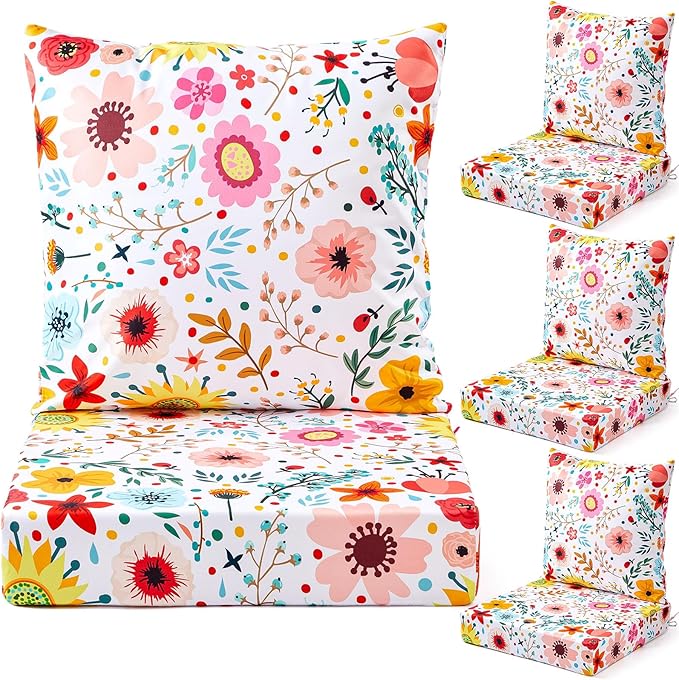 Hoteam 4 Set Outdoor Chair Patio Cushions Deep Seat Waterproof Chair Cushions 20 x 20 Inch for Patio Furniture Set Replacement Removable Seat and Back(Watercolor Flowers)