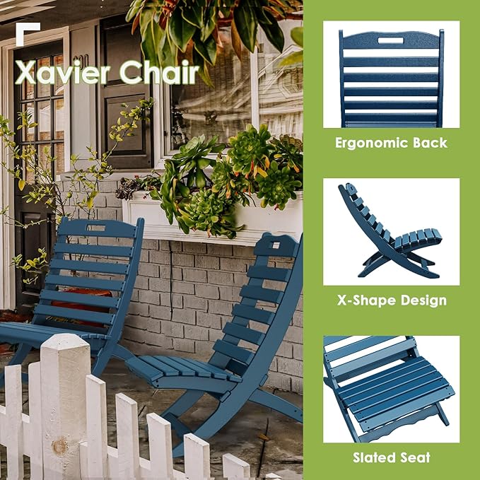 GREENVINES Folding-Xavier-Chairs Set of 4 | Wave | Portable Adirondack-Chair | HDPE Plastic | All Weather Fire-Pit Chair | Blue | for Beach Outdoor Deck Poolside Garden Patio Porch Fishing