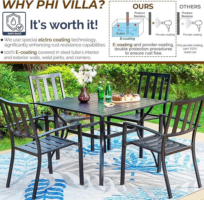 PHI VILLA 5 Piece Outdoor Dining Set with 10ft Umbrella, 37" Square Metal Dining Table & 4 Stacking Metal Chair with 3 Tier Red Umbrella for Patio, Deck, Yard, Porch
