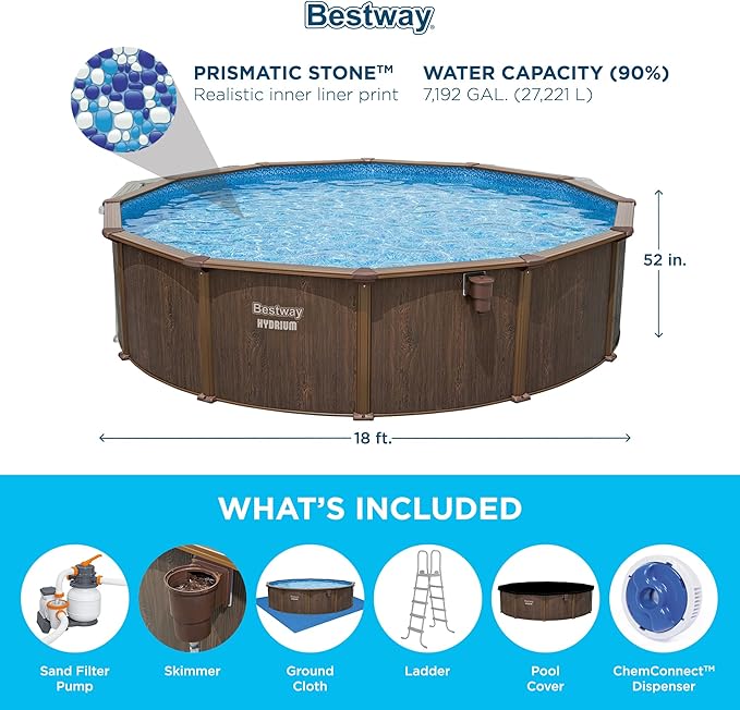 Bestway Hydrium 18' x 52" Above Ground Pool, Round Steel Side Wall Frame Outdoor Swimming Pool Set with Sand Filter Pump, Ladder & Accessories