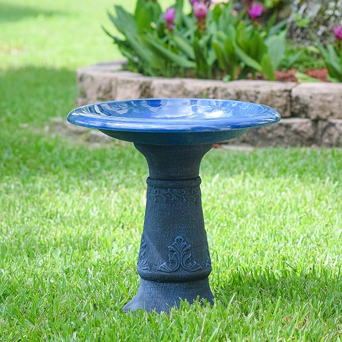 Arcadia Garden Products Fiberclay Bird Bath Outdoor Garden Decor, Antique Vintage Weather Resistant Water Bowl for Backyard and Patio and, 20-inch Tall, Blue