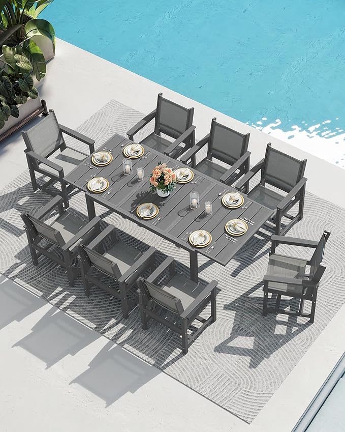 SERWALL 7-Piece Patio Dining Sets, 60" - 83" Expandable Outdoor Dining Table with 6 Breathable Textilene Chairs, All Weather HDPE Patio Furniture Set for Backyard, Garden, Grey