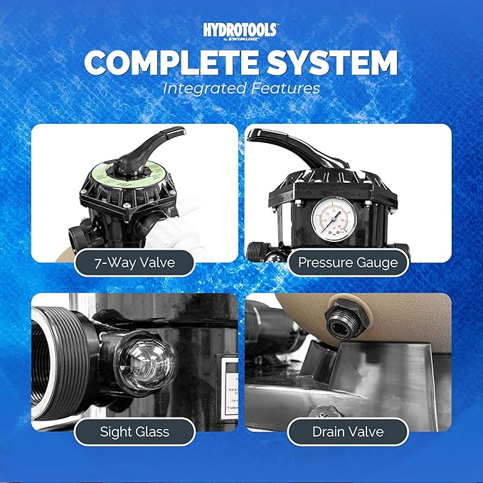 SWIMLINE HYDROTOOLS 16 Inch Pool Sand Filter Pump For Above Ground & Inground Pool | Complete System 3/4 HP (0.55 THP) Horsepower 3720 GPH Pumps | For Pools Up To 15600 Gallons | 7 Way Valve | 71610