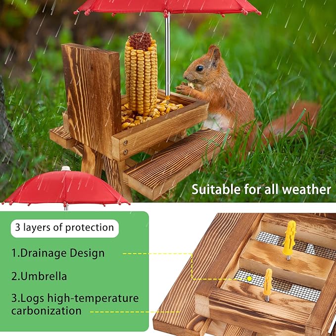 MIXXIDEA Squirrel Feeder Picnic Table with Tall Umbrella, Wooden Squirrel Feeders for Outside, Cute Chipmunk Feeder with Corn Cob Holder, Solid Structure, Thick Wood (Rustic Brown Red Umbrella)