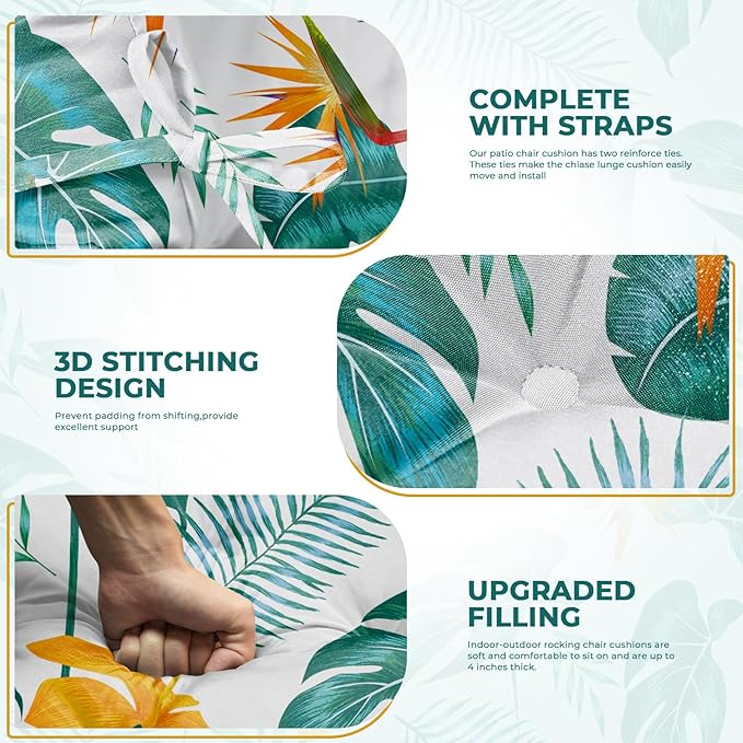 Rocking Chair Cushion, Waterproof Chairs Cushions for Adirondack Chairs Patio Chair High Back Thicked Cushions Outdoor and Indoor with Ties, Green Leaf