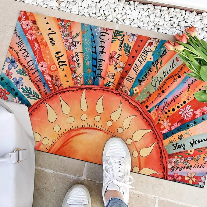 Likiyol Sun Door Mat Outside Entrance, Inspirational Quotes Welcome Mat Front Door Mats Colorful Floral Non Slip Boho Doormat Outdoor Indoor Entrance, Low Profile, Absorbent, 18'' x 30''
