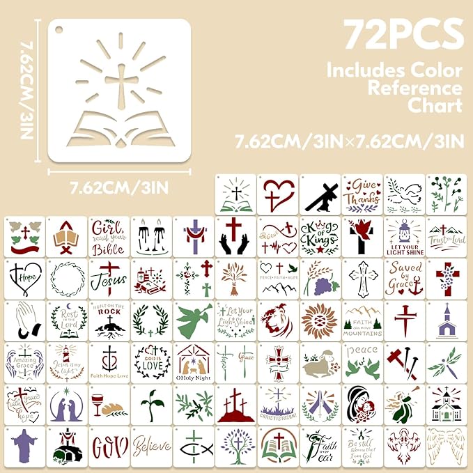 72 Pcs Christian Cross Stencils for Painting Set, Reusable Religious Jesus God Painting Templates - Christ Stencil Crafts Drawing Templates for DIY Scrapbook, Home Wall Murals, Canvas Wood Signs