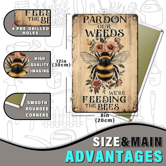 PEACHGARDEN Vintage Garden Decor Patio Outdoor Wall Decor Pardon The Weeds We Are Feeding The Bees Wildflowers Metal Sign Summer Garden Decor Yard Sign Outdoor Decor 8x12inch
