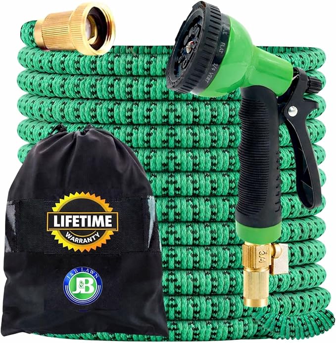 J&B XpandaHose 75ft Expandable Garden Hose with Holder - Heavy Duty Superior Strength 3750D - 4 -Layer Latex Core - Extra Strong Brass Connectors and 10 Spray Nozzle w/Storage Bag (Green 75)