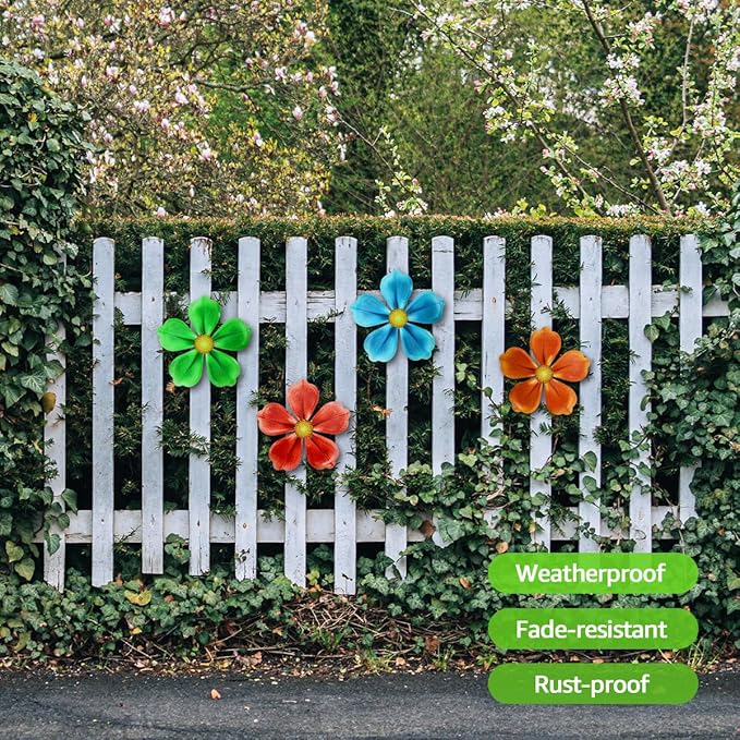 Giyyomtr Metal Flowers Wall Decor - 4pcs Metal Wall Art Hanging Decorations for Outdoor Fence Garden Yard Patio Decor, Gift for Mom Friends