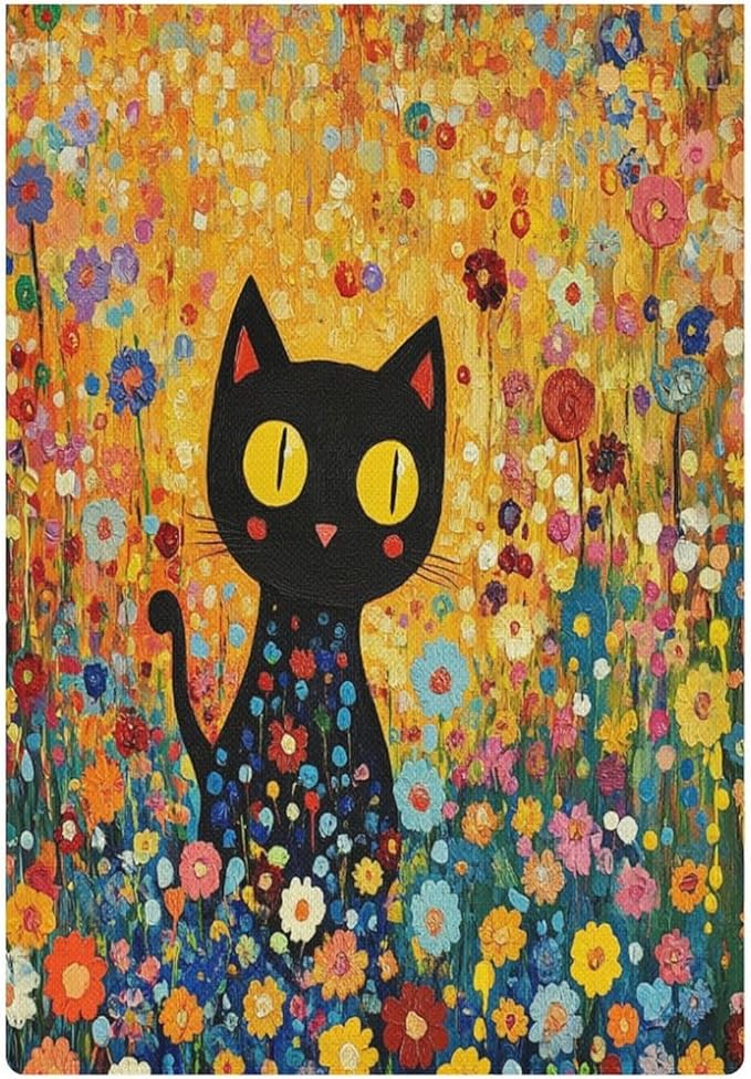Cute Black Cat in The Flower Garden Welcome Garden Flag 12×18 Inch Small Vertical Double Sided Wild Flowers Floral Leaf Botanical Plants Flag Farmhouse Flags Yard Holiday Decoration
