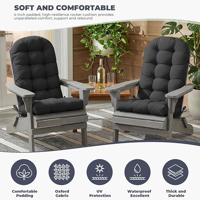 Outdoor/Indoor Adirondack Chair Cushion, Waterproof Outdoor Rocking Chair Cushion with Ties, Tufted Replacement Seat Cushions for Outdoor Furniture, Black