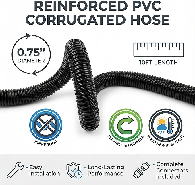 Corrugated Pond Tubing - Flexible, Kinkproof, Reinforced PVC Hose for Water Gardens, Pumps, Waterfalls & Aquaculture (10 Feet Black, 3/4 Inch)