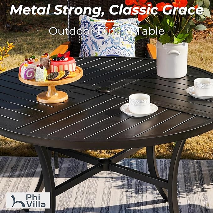 PHI VILLA 5 Pieces Outdoor Round Dining Set for 4, 42" Metal Steel Table with Umbrella Hole & Stacking Wrought Iron Chairs with Cushions, Modern Circle Furniture Set for Patio, Deck, Yard, Porch