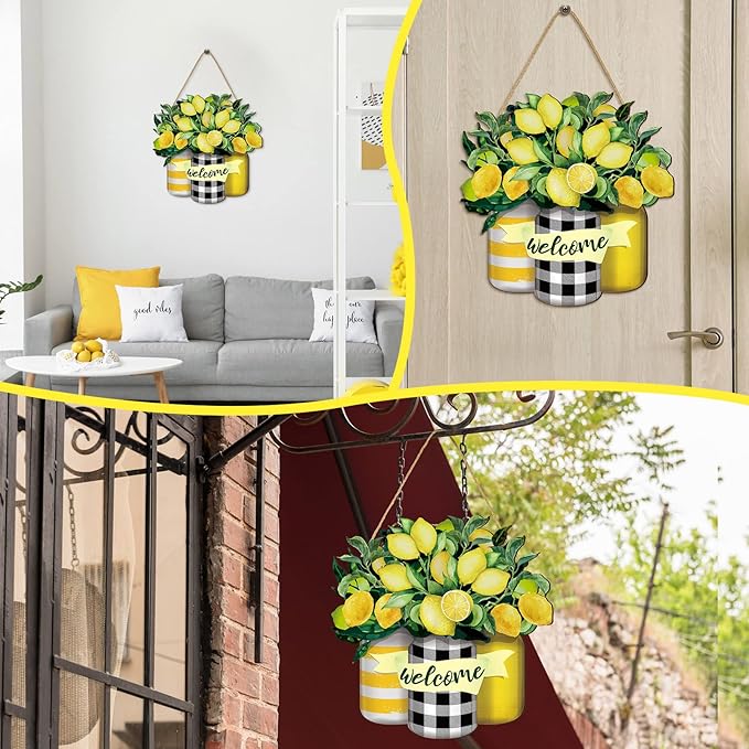 Karenhi Lemon Welcome Wooden Sign for Front Door Lemon Wooden Hanger Summer Door Sign Wood Spring Hanging Decorations Farmhouse Porch Decor for Outdoor Housewarming Gift