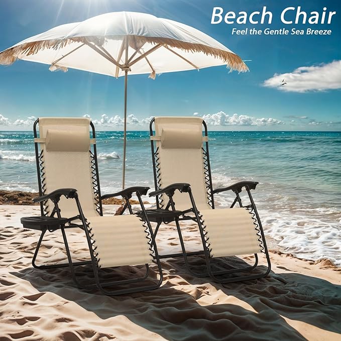 Zero Gravity Chairs, Portable Folding Reclining Lounge Chairs with Adjustable Pillow and Cup Holder Trays for Outdoor, Patio, Beach, Camping, Garden, Poolside, Set of 2 Beige