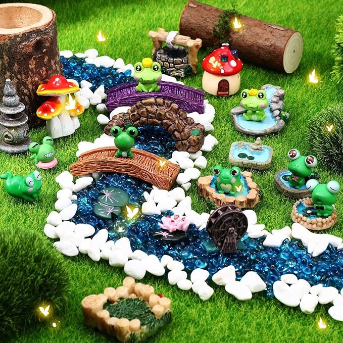 24 Pcs Mini Resin Frog Figures Miniature Fairy Garden Accessories Mushroom Pond Bridge Lighthouse Figures Water Well Fake Lawn Figurines Decoration for DIY Craft Plant Pot Garden Decor