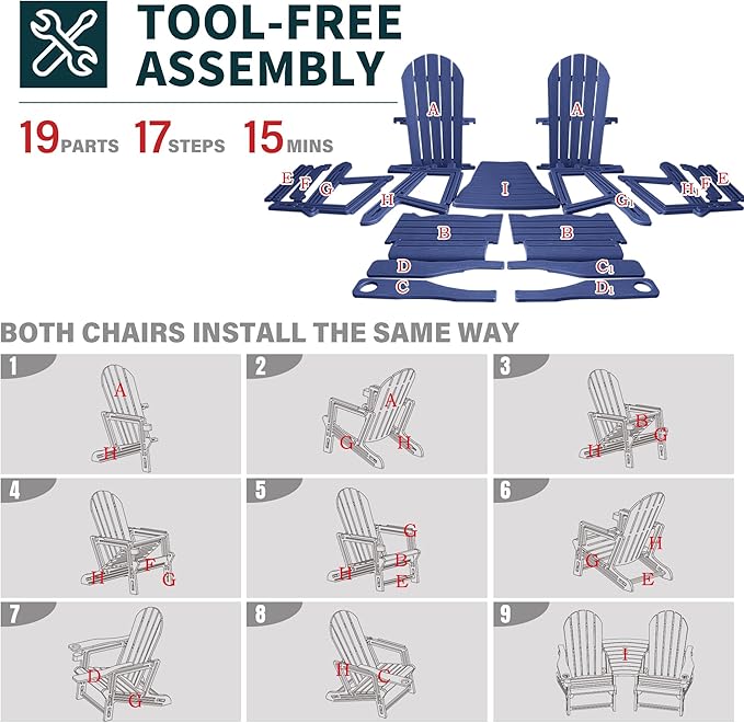 HDPE Adirondack Chairs for Outside, All-Weather Patio Chairs with Cup Holder, Outdoor Lawn Chair for Poolside/Fire Pit/Backyard/Deck, Blue Double Adirondack Chair with Table