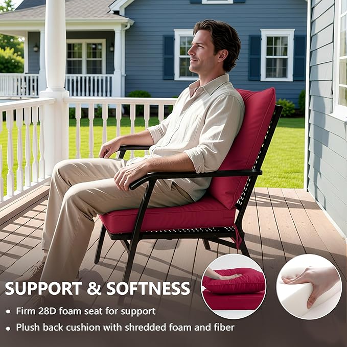 19x19 Inch Patio Chair Cushions Set of 2, Outdoor Furniture Cushions - Removable Cover, Water-Repellent, Fade-Resistant, Non-Slip Bottom & Straps, Replacement for Lawn, Porch & Deck Chair - Burgundy