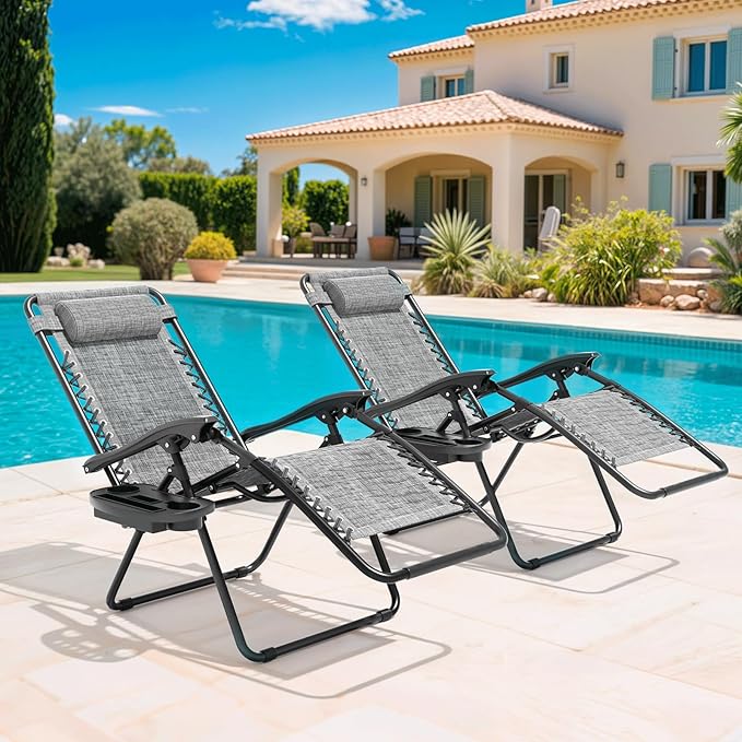 Magshion Zero Gravity Lounge Chairs Set of 2, Outdoor Patio Reclining Chair with Side Tray, Adjustable Anti-Gravity Recliners with Pillow Headrest, Folding Lounger for Lawn Camping Beach, Dark Grey