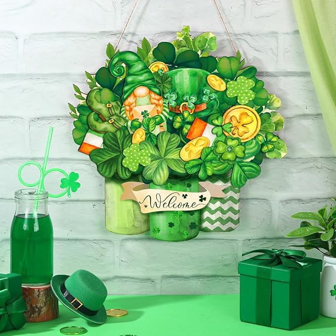 Juexica St. Patrick's Day Welcome Sign Wood Sign Irish Front Door Decor Wood Hanging Door Sign Outdoor Wooden Front Door Decorations for Farmhouse Porch Decoration