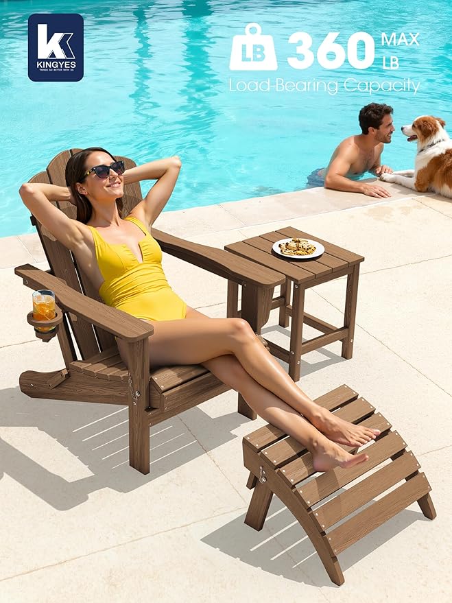 KINGYES Folding Adirondack Chair Set of 4, HDPE All-Weather Patio Chairs with Cup Holder, Wooden Textured Fire Pit Chairs for Poolside, Backyard, Deck, Brown