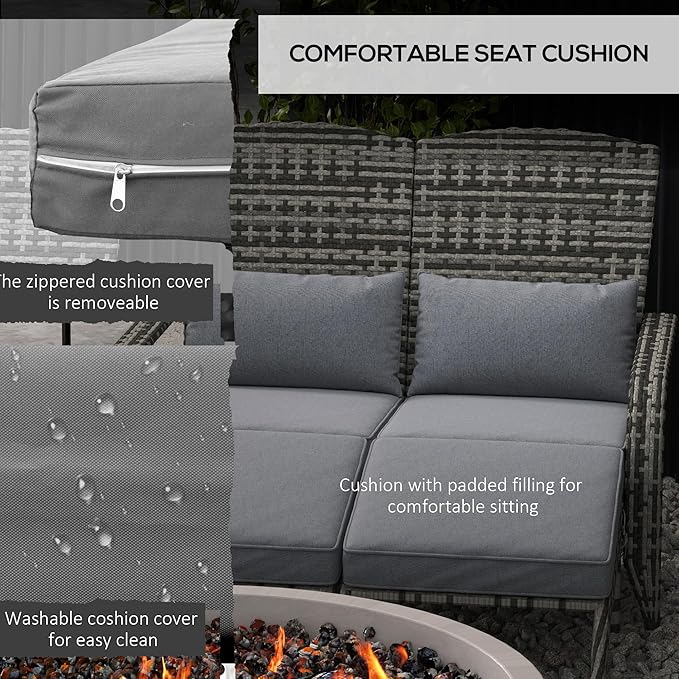 Outsunny Wicker Adirondack Chair for 2 with Cushions & Footrests, PE Rattan Double Chaise Lounge Chair, Fire Pit Chair for Porch with High-Back, Wide Armrests, Mixed Gray