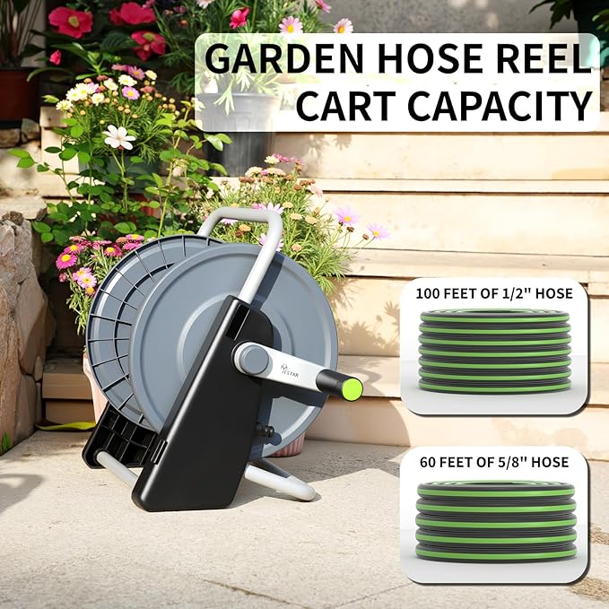 Garden Hose Reel Cart,Hose Holder Up to 50-60 Feet of 5/8" Hose,Wall Mounted Water Hose Reel,Portable Hose Reels for Outside Car Washing, Watering