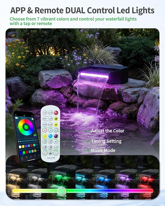 POPOSOAP 8inch Pond Waterfall Spillway with RGB LED Lights & 660GPH Pump Kit - APP/Remote Control, 304 Stainless Steel Pond Spillway with 9.8FT Tubing for Garden Ponds Landscape Water Features-P42DY