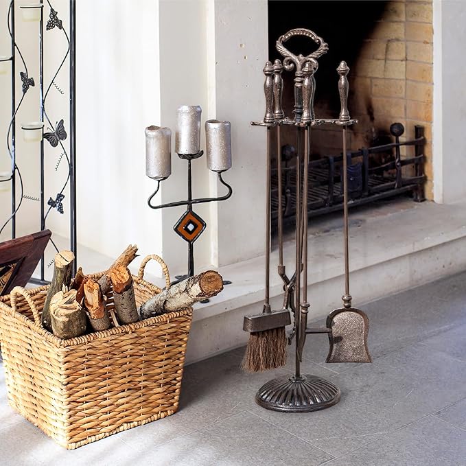 Sungmor Heavy Duty Cast Iron Fireplace Tools Set – 5 Piece Fire Tools with Stand, Fireplace Accessories for Wood Stove, Indoor Outdoor Fire Pit & Hearth