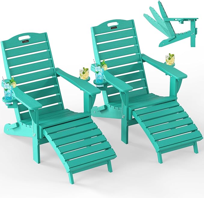 Ciokea Folding Adirondack Chair Set of 2 with Retractable Ottoman Fire Pit Patio Chair with Pull Out Foot Rest Weather Resistant Lawn Outdoor Chair with 2 Cup Holder (Lake Blue)
