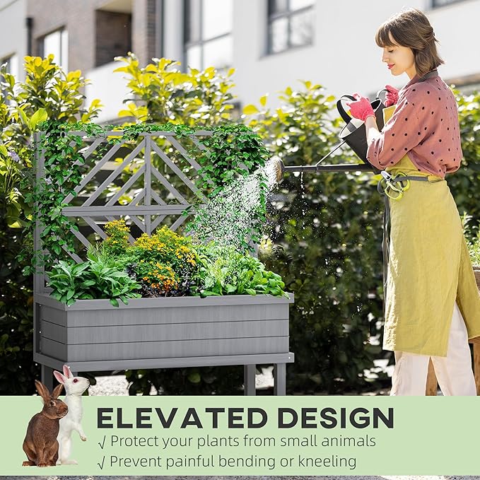 Outsunny Raised Garden Bed with Trellis for Climbing Plants, Vegetable, Grape Vines, Elevated Planter Box with Legs, Drainage Holes and Filter for Outdoor Garden, Patio, Gray
