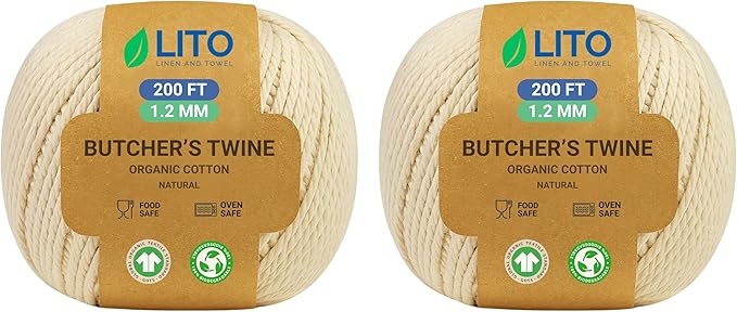 Butchers Twine 400 Feet 1.2mm – Heavy Duty Cooking Twine Natural Organic Cotton Twine Kitchen String, Food-Safe Bakers Twine and Oven-Safe for Trussing Meat, Turkey, Baking, BBQ & Crafts