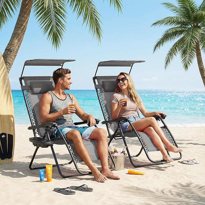 Magshion Zero Gravity Chair with Canopy Set of 2, Reclining Outdoor Patio Lounge Chair, Folding Anti Gravity Recliner, Portable Lounger with Removable Cup Holder Side Tray and Pillow Headrest (Grey)