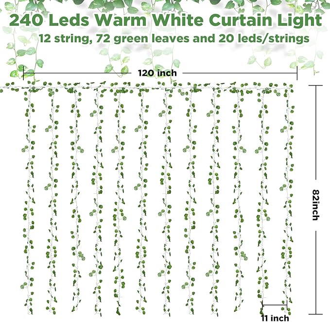 12 Pack Fake Vines Curtain String Light 240 LED 8 Mode & Timer Hanging Ivy Lights Vines for Bedroom Wall Hanging Garden Home Room Wedding Jungle Party Indoor Outdoor