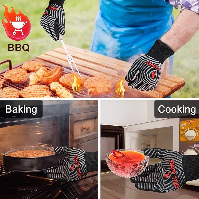 QUWIN BBQ Gloves, Oven Gloves 1472℉ Extreme Heat Resistant, Grilling Gloves Silicone Non-Slip Oven Mitts, Kitchen Gloves for BBQ, Grilling, Cooking, Baking-1 Pair… (Black, One Size Fits Most)