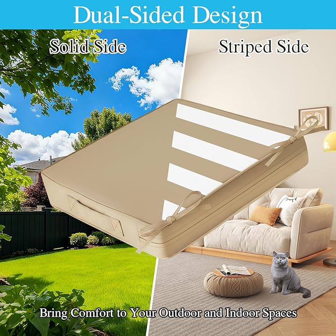 Amagenix Outdoor Chair Cushions Set of 2, 24"x24"x4" Waterproof Outdoor Seat Cushions for Patio Furniture, Stripe Reversible Patio Cushions with Ties & Handle & Hidden Zipper, Fade-Resistant,Beige