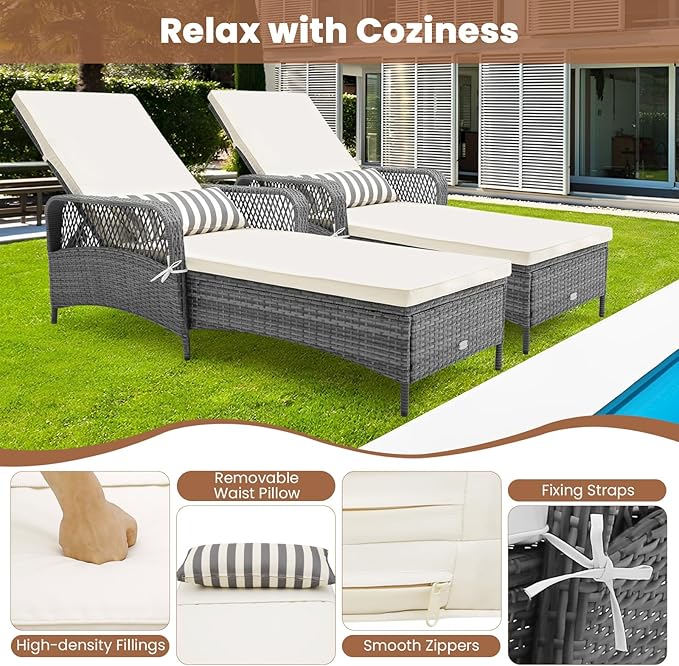 Tangkula Wicker Chaise Lounge Outdoor Set of 2, Patio Rattan Reclining Chaise with 6-Gear Adjustable Backrest, Thick Padded Cushion & Removable Lumbar Pillow, Pool Lounge Chairs for Outside Balcony