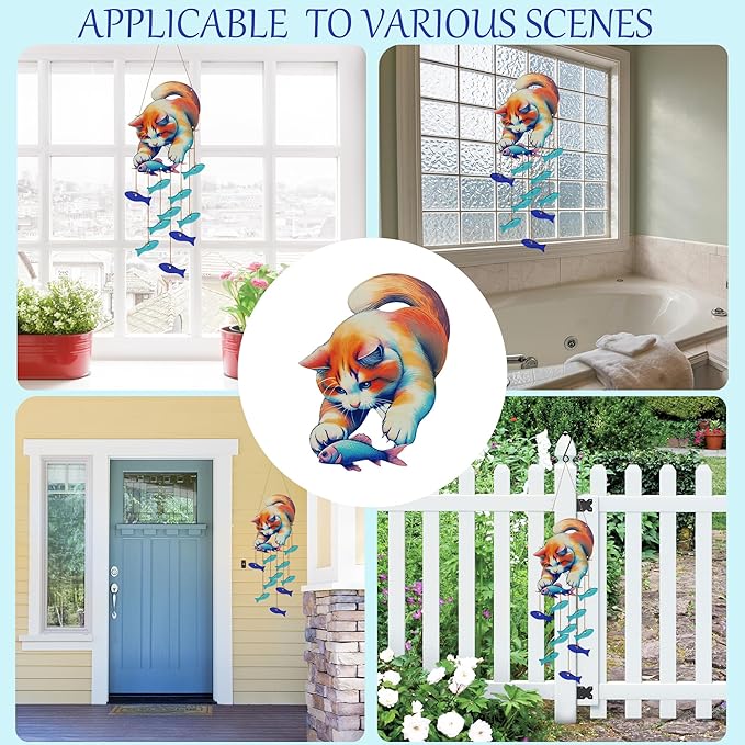 Cute Kitten Fish Wind Chimes for Outside, Handcrafted Windchimes Outdoors Unique,Suncatchers Sea Glass Art Christmas, Patio Beach Hanging Outdoor Home Garden Decor, Christmas Memorial Gifts for Women