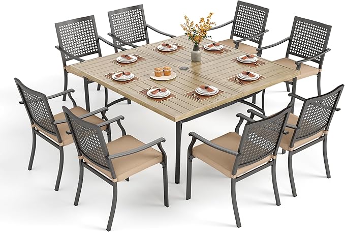 PHI VILLA 9 Pieces Outdoor Dining Set for 8, 60” Square Metal Wood-Like Table & Stackable Steel Chairs with Cushions, Large Furniture Set for Outdoor Deck, Yard, Porch - Black
